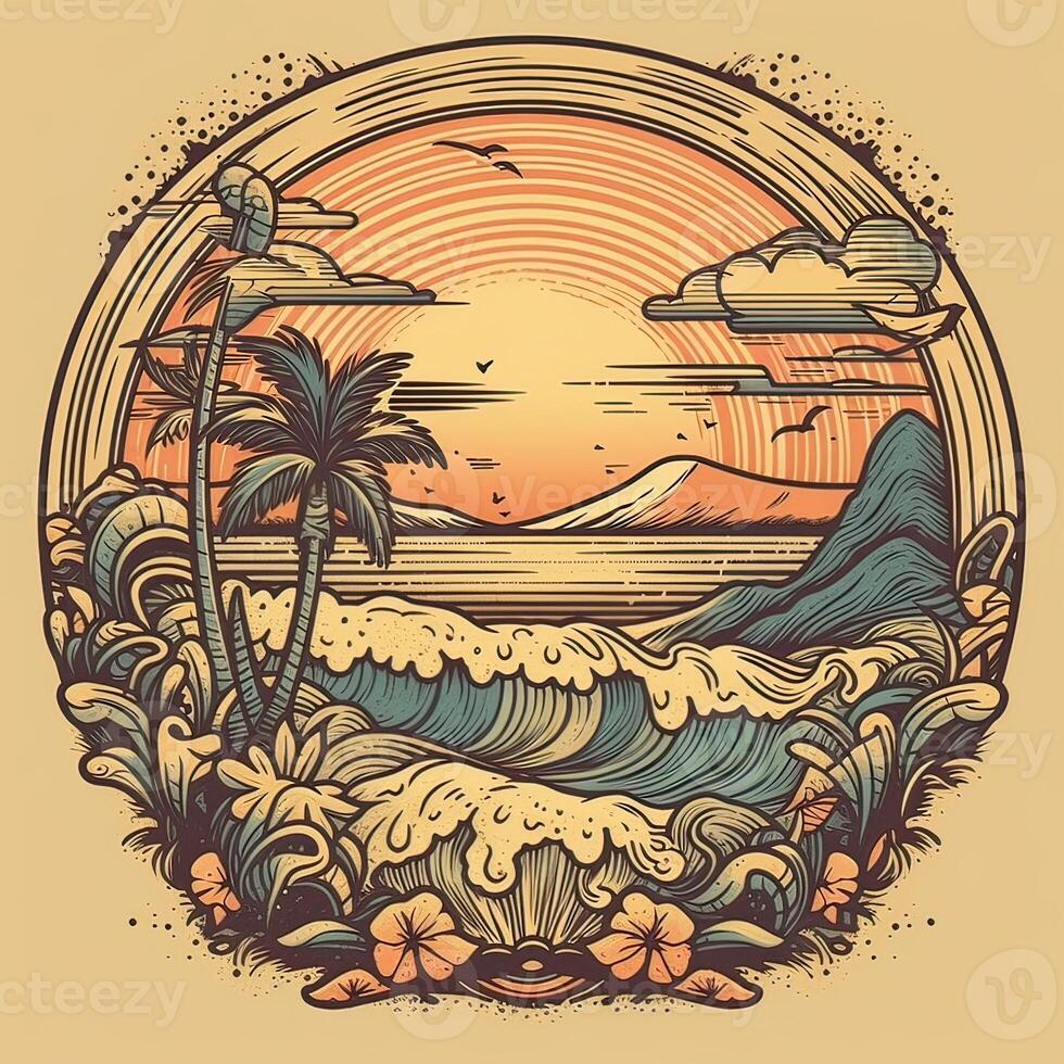 illustration of Tropical landscape with palm trees, ocean and mountain. Cartoon flat panoramic landscape, sunset with the palms art retro style illustration. . photo