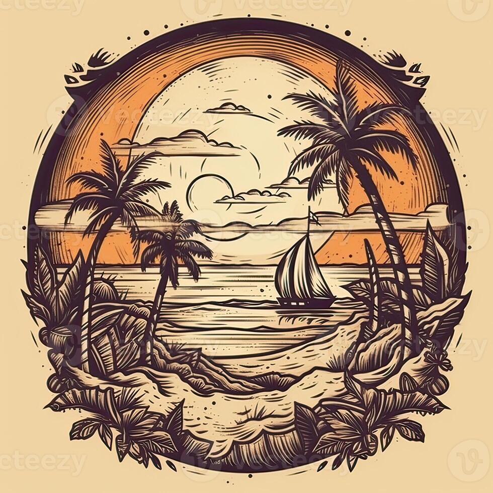 ilustración de tropical paisaje con palma árboles, Oceano y montaña. dibujos animados plano panorámico paisaje, puesta de sol con el palmas Arte retro estilo ilustración. generativo ai. foto