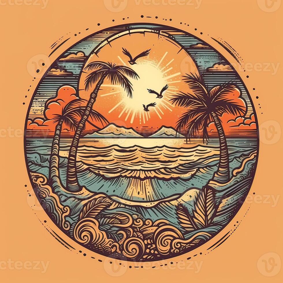 ilustración de tropical paisaje con palma árboles, Oceano y montaña. dibujos animados plano panorámico paisaje, puesta de sol con el palmas Arte retro estilo ilustración. generativo ai. foto