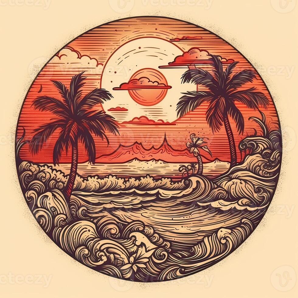 ilustración de tropical paisaje con palma árboles, Oceano y montaña. dibujos animados plano panorámico paisaje, puesta de sol con el palmas Arte retro estilo ilustración. generativo ai. foto