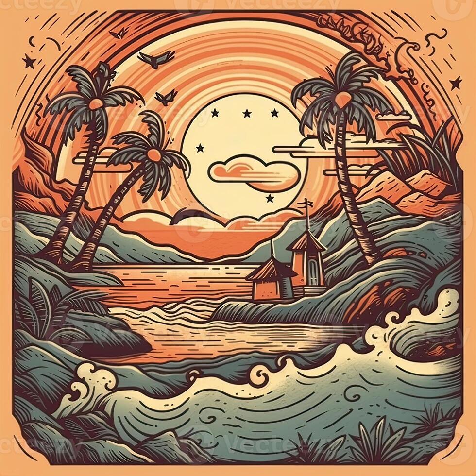 illustration of Tropical landscape with palm trees, ocean and mountain. Cartoon flat panoramic landscape, sunset with the palms art retro style illustration. . photo