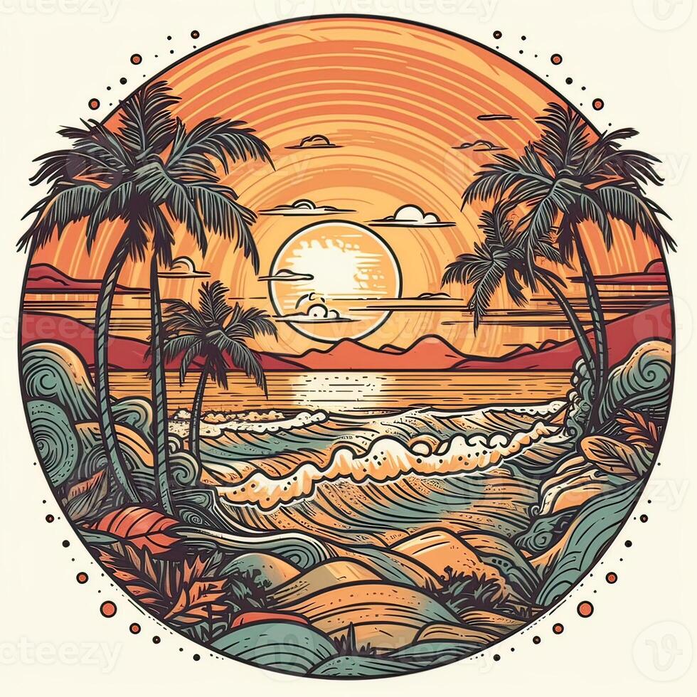 illustration of Tropical landscape with palm trees, ocean and mountain. Cartoon flat panoramic landscape, sunset with the palms art retro style illustration. . photo