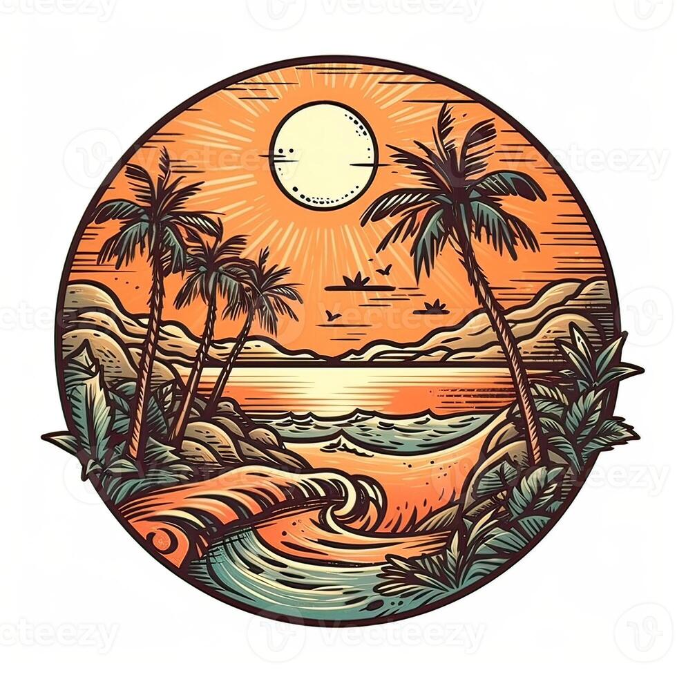 ilustración de tropical paisaje con palma árboles, Oceano y montaña. dibujos animados plano panorámico paisaje, puesta de sol con el palmas Arte retro estilo ilustración. generativo ai. foto