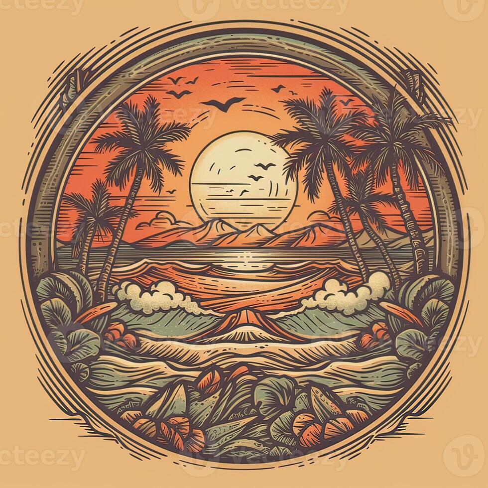 illustration of Tropical landscape with palm trees, ocean and mountain. Cartoon flat panoramic landscape, sunset with the palms art retro style illustration. . photo