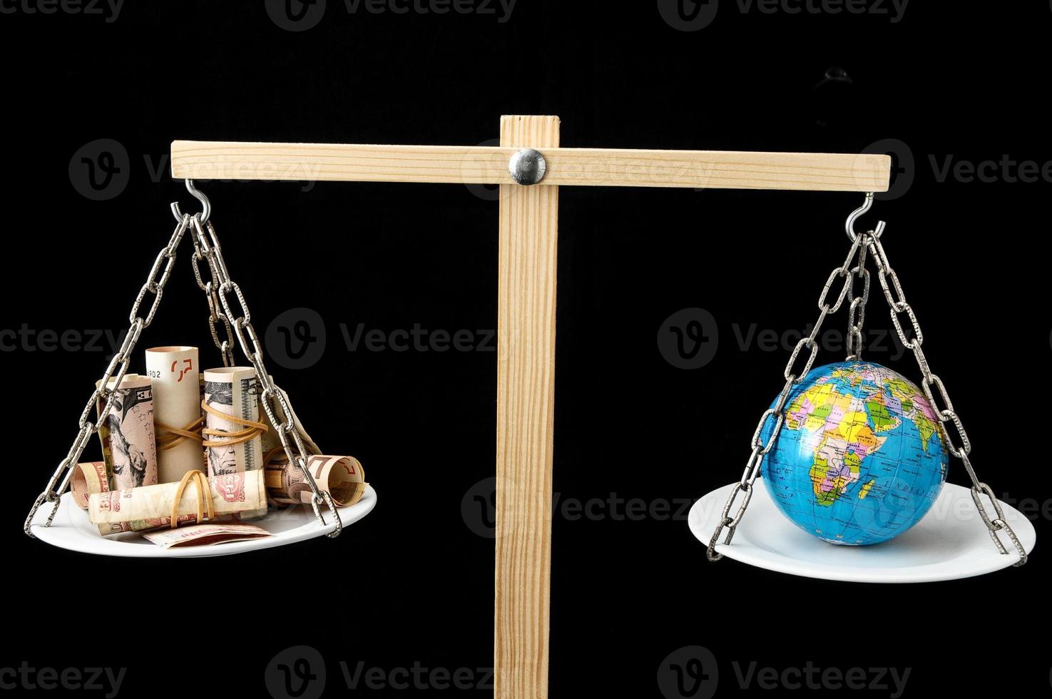 Scale with money and earth globe. photo