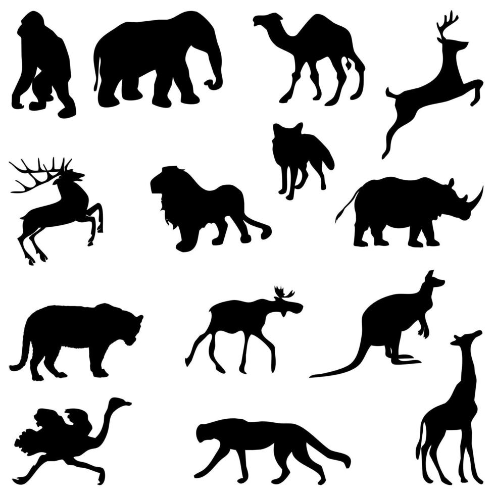 Set of black silhouette wild forest steppe animals. vector