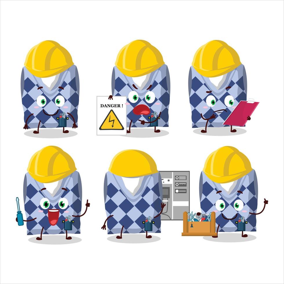 Professional Lineman blue school vest cartoon character with tools vector