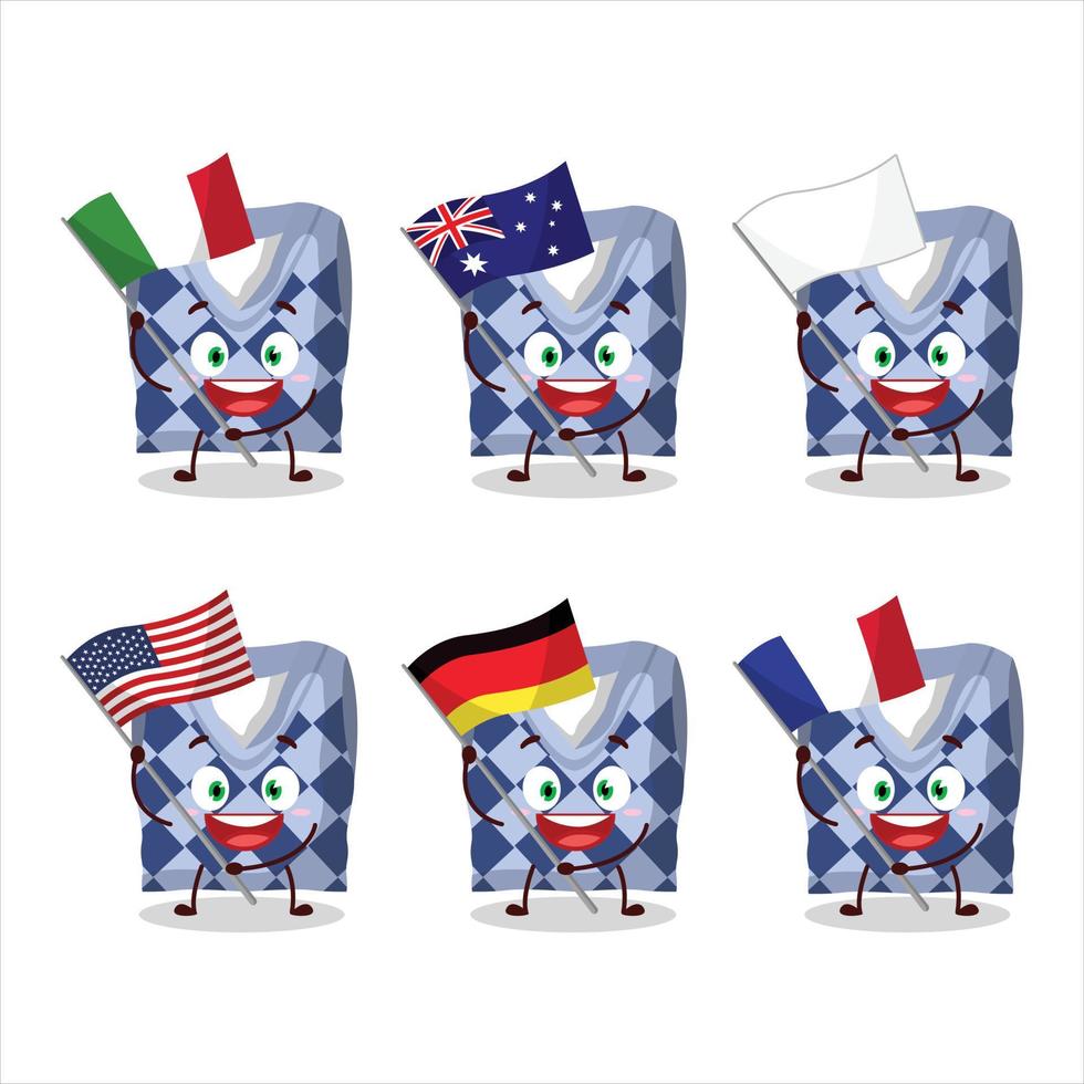 Blue school vest cartoon character bring the flags of various countries vector