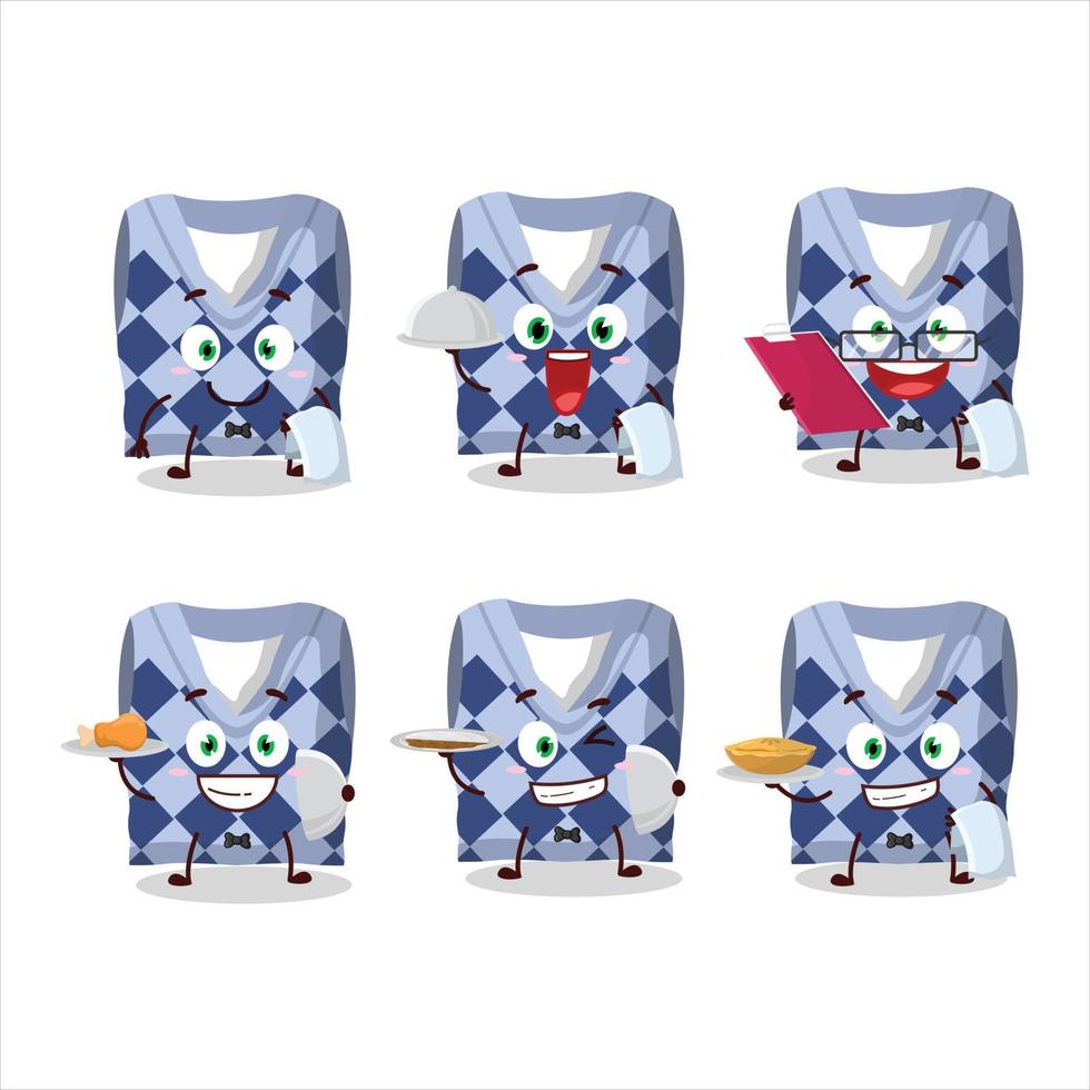 Happy blue school vest waiter cartoon character holding a plate vector