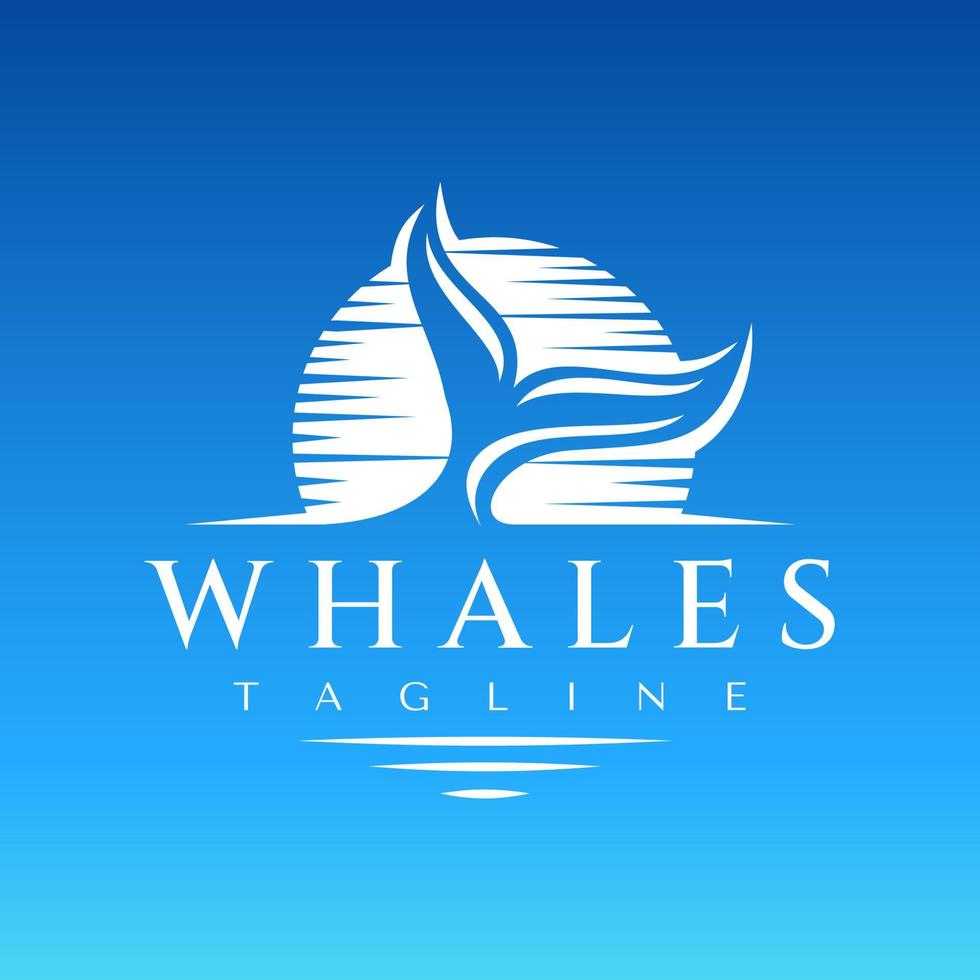 Luxury illustrative whale fin on sunset logo design. Elegance line art orca logo. vector