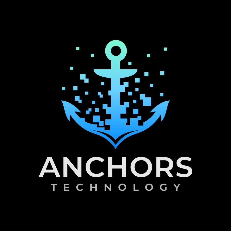 Modern digital pixel anchor logo design. Technology anchor ship logo branding. vector