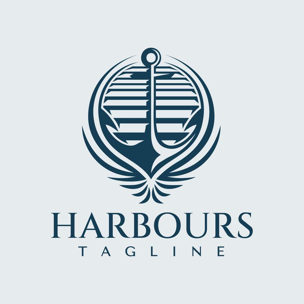 Luxury decorative harbour anchor logo design. Elegance ornate ship anchor logo. vector