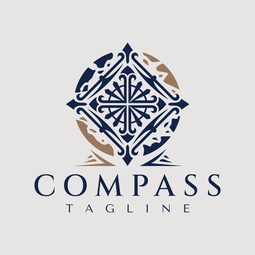 Luxury decorative world compass logo design. Elegance globe navigation logo. vector