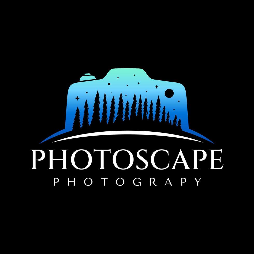 Illustrative tree forest camera logo design. Luxury photography landscape logo. vector