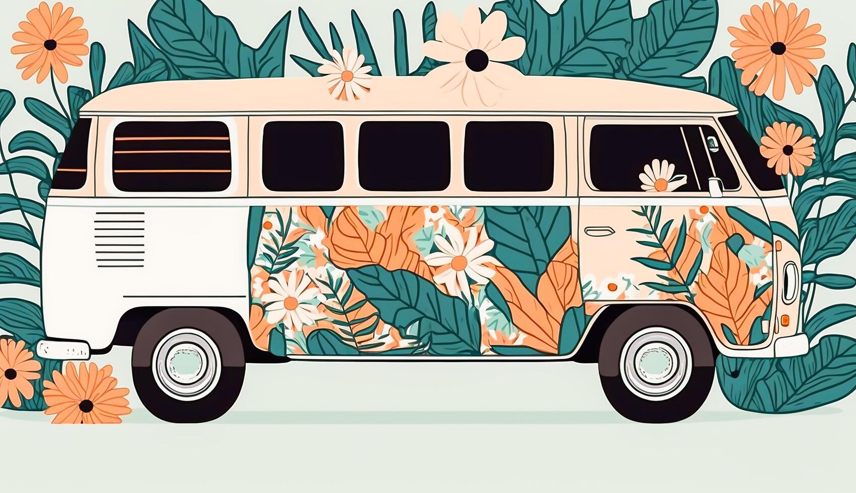 classic van car with modern colorful tropical floral pattern. Hand drawn illustration, photo