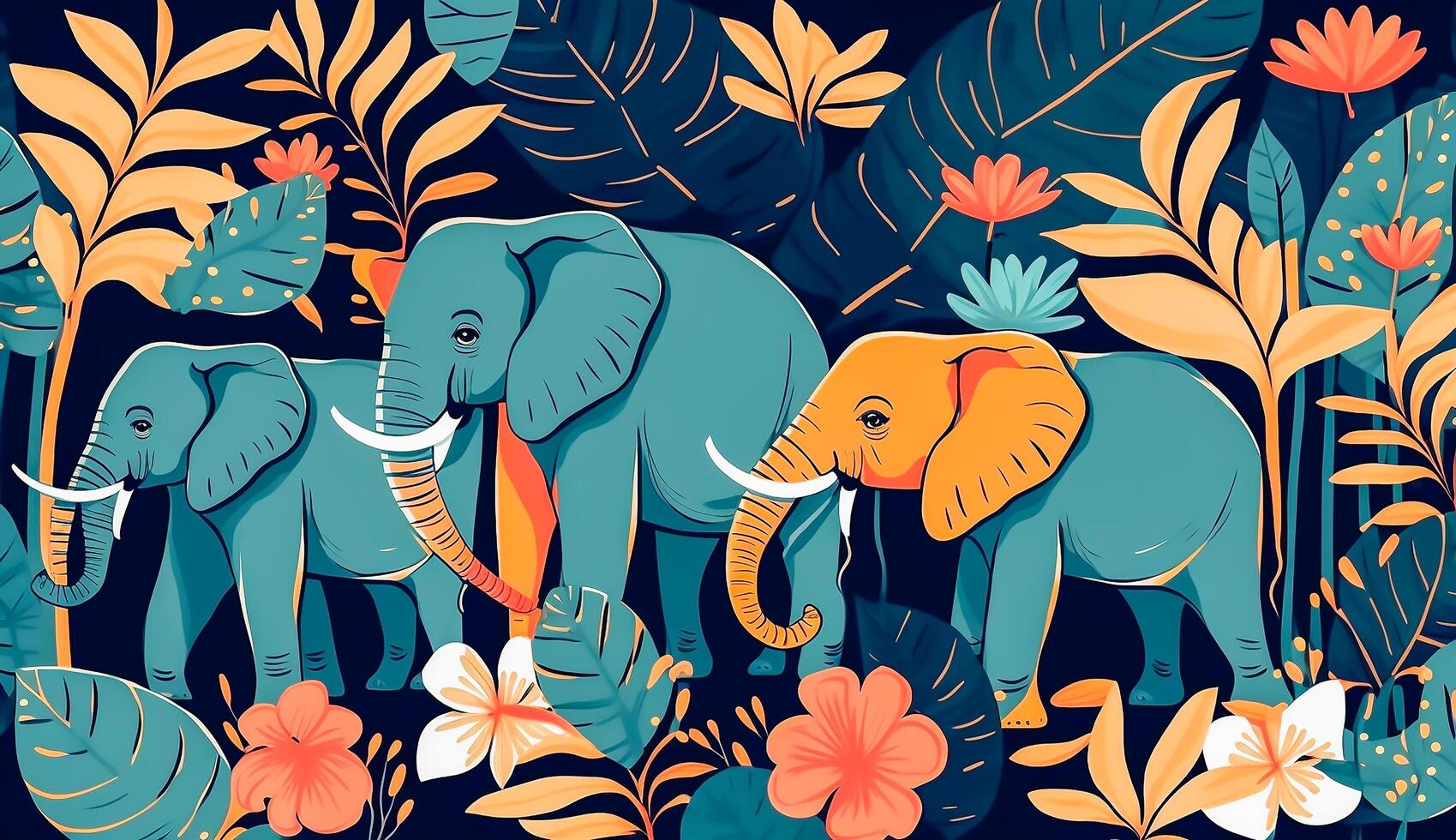 Elephant with modern colorful tropical floral pattern. Hand drawn illustration, photo