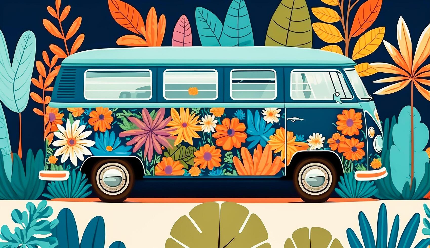 classic van car with modern colorful tropical floral pattern. Hand drawn illustration, photo