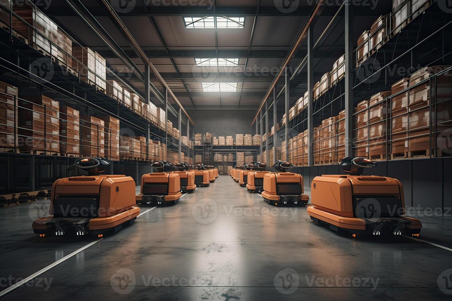 Autonomous Robot transportation in warehouses, Warehouse automation concept. . photo