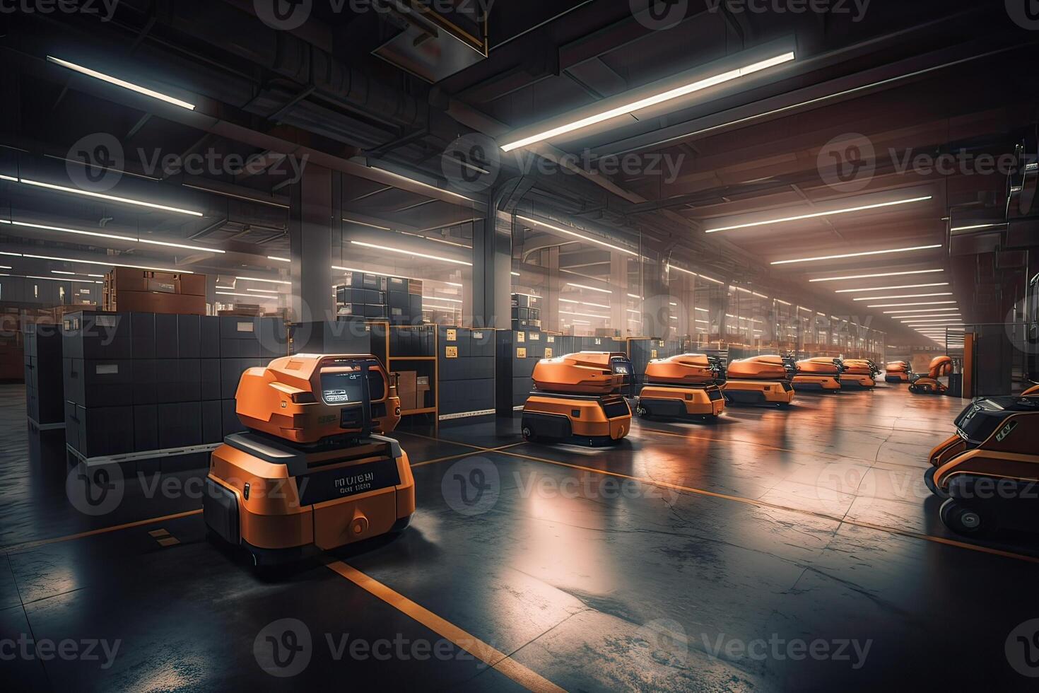 Autonomous Robot transportation in warehouses, Warehouse automation concept. . photo