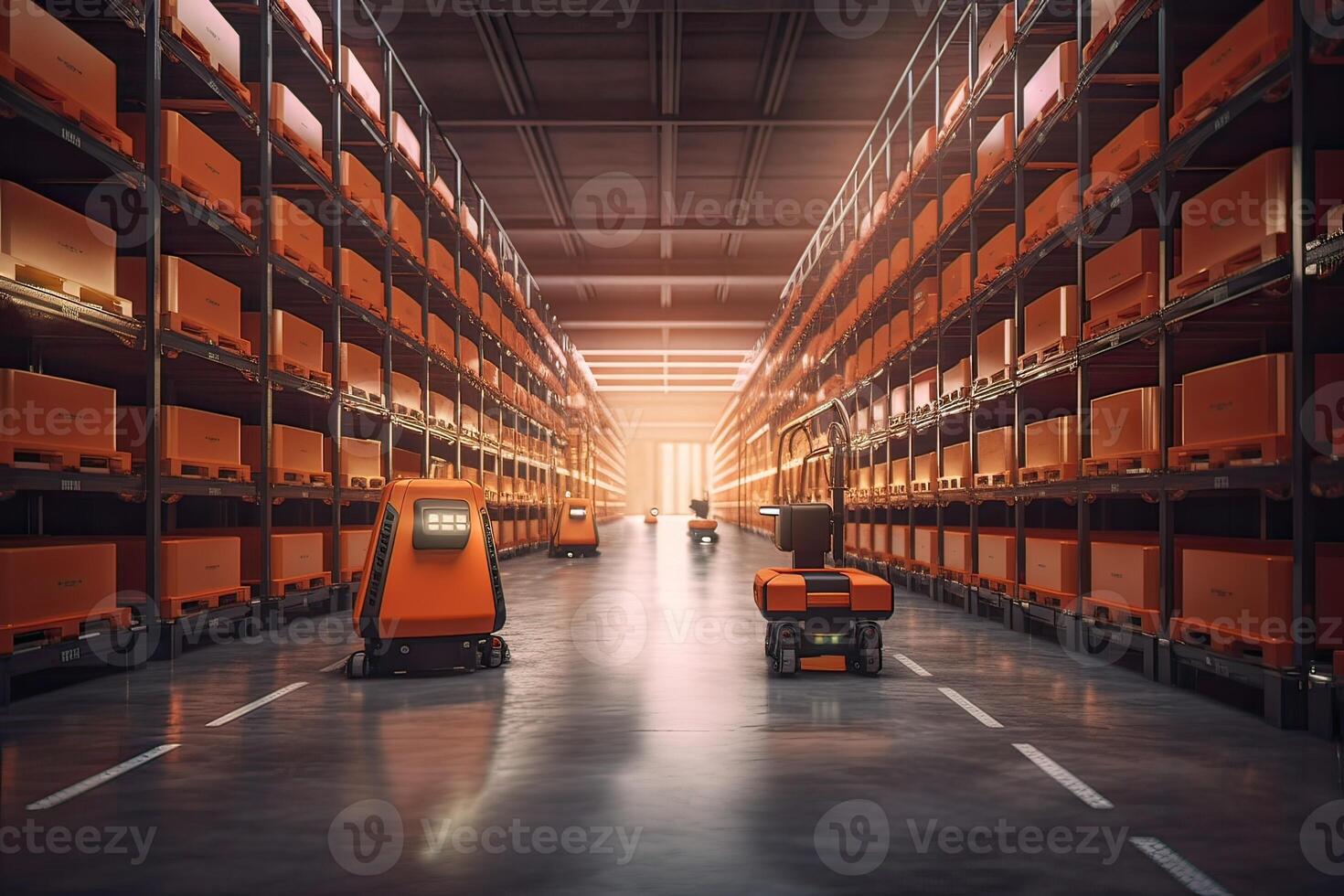 Autonomous Robot transportation in warehouses, Warehouse automation concept. . photo