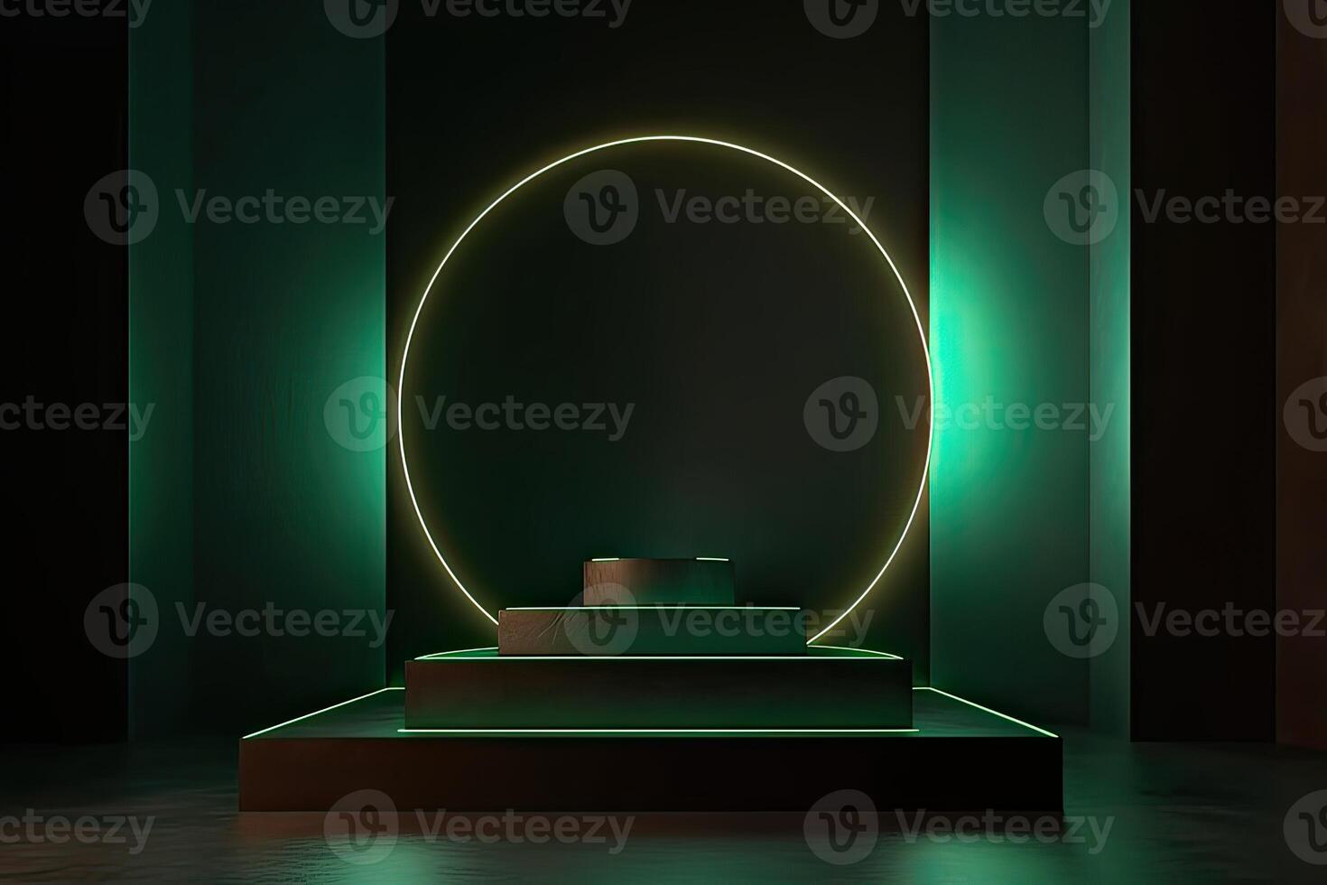 3d podium minimal platform in green background with gold and dates leaf. Podium for product display, presentation, cosmetic, herbal, honey, beauty, and natural product. . photo