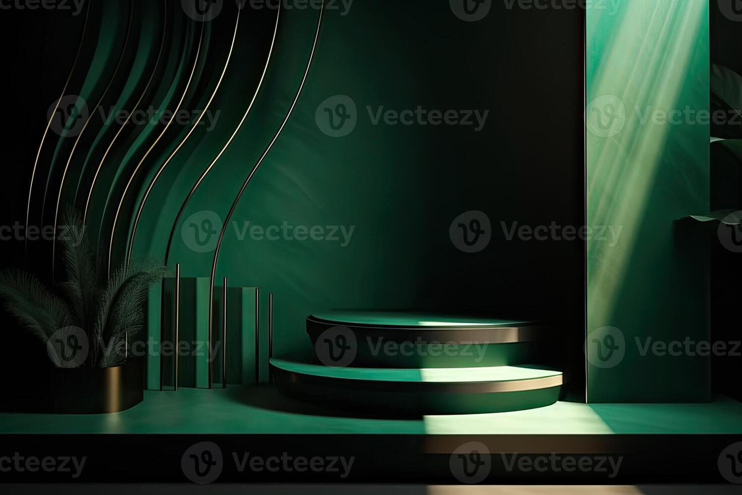 3d podium minimal platform in green background with gold and dates leaf. Podium for product display, presentation, cosmetic, herbal, honey, beauty, and natural product. . photo