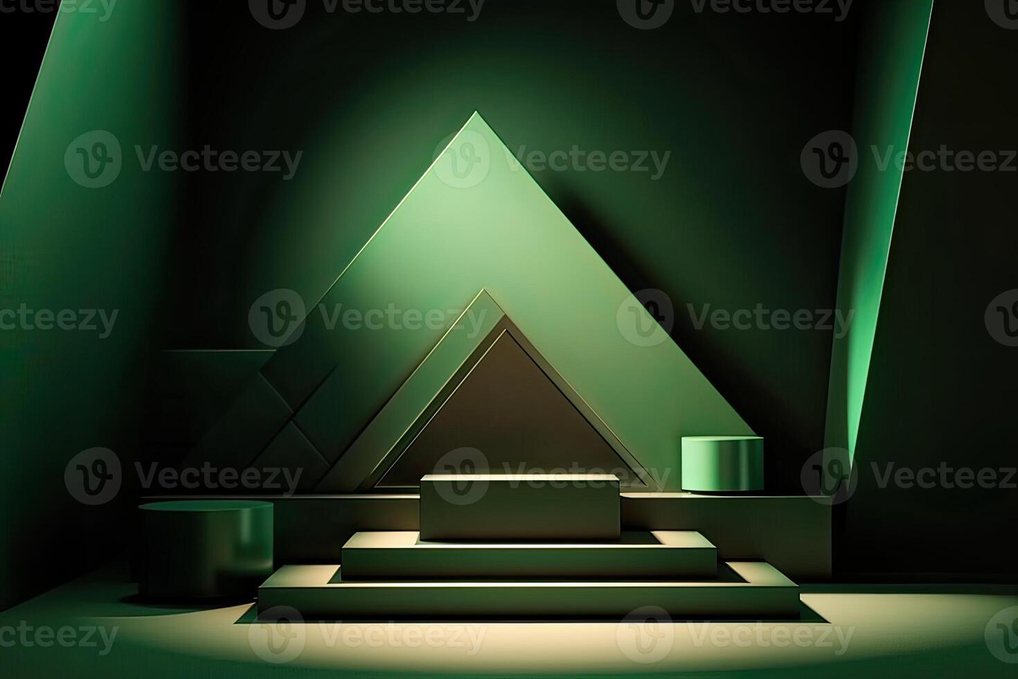 3d podium minimal platform in green background with gold and dates leaf. Podium for product display, presentation, cosmetic, herbal, honey, beauty, and natural product. . photo