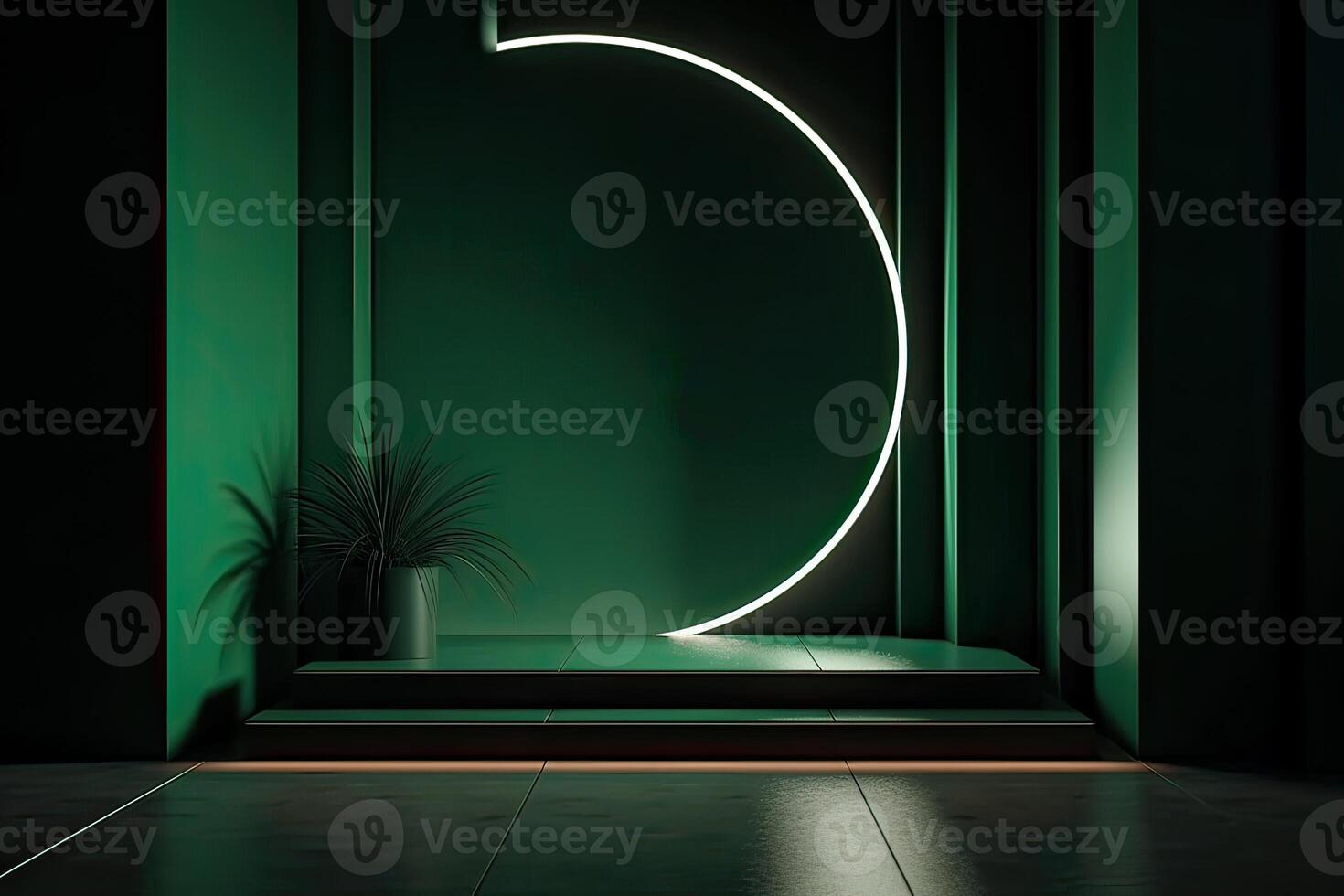 3d podium minimal platform in green background with gold and dates leaf. Podium for product display, presentation, cosmetic, herbal, honey, beauty, and natural product. . photo