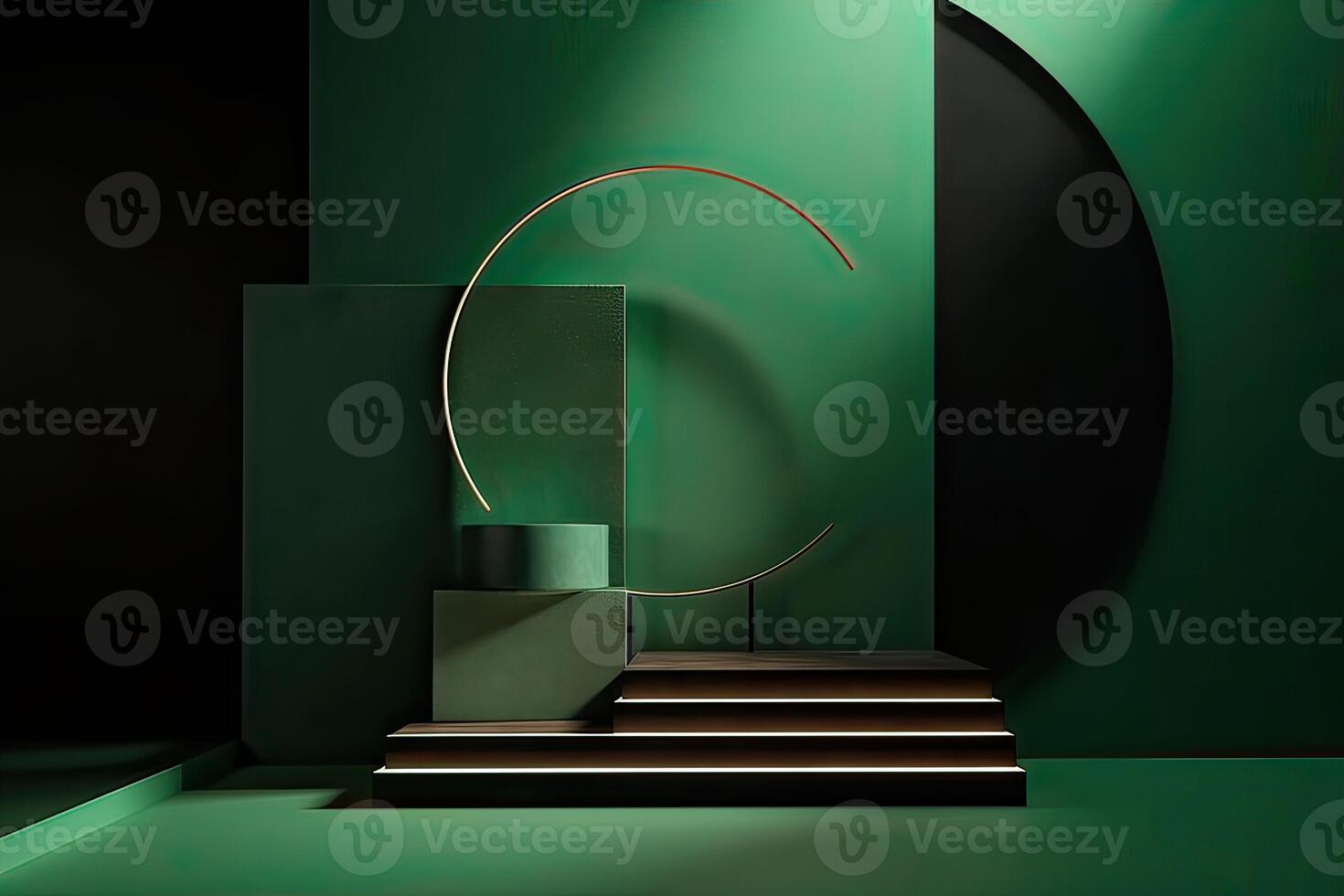 3d podium minimal platform in green background with gold and dates leaf. Podium for product display, presentation, cosmetic, herbal, honey, beauty, and natural product. . photo