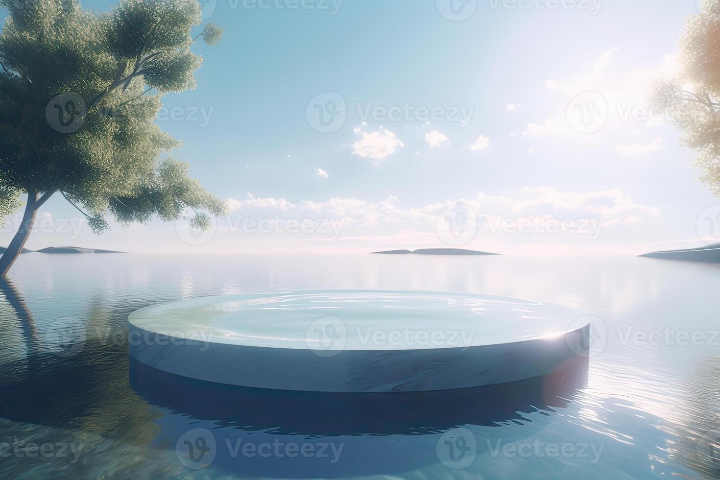 Abstract 3d scene with a cylinder podium backdrop in garden, mountain and water view. Abstract winter scene with a podium in lake view. minimal 3d landscape background. . photo