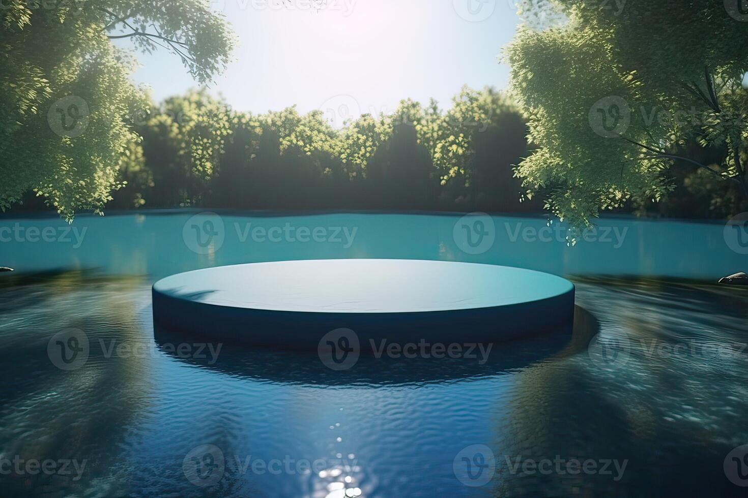 Abstract 3d scene with a cylinder podium backdrop in garden, mountain and water view. Abstract winter scene with a podium in lake view. minimal 3d landscape background. . photo