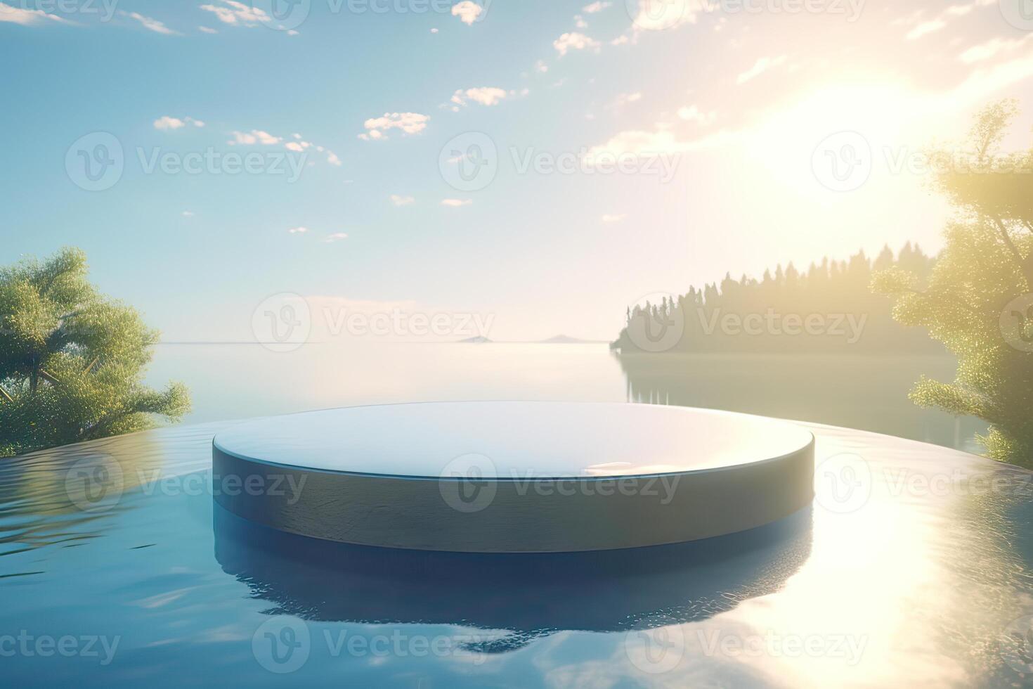 Abstract 3d scene with a cylinder podium backdrop in garden, mountain and water view. Abstract winter scene with a podium in lake view. minimal 3d landscape background. . photo