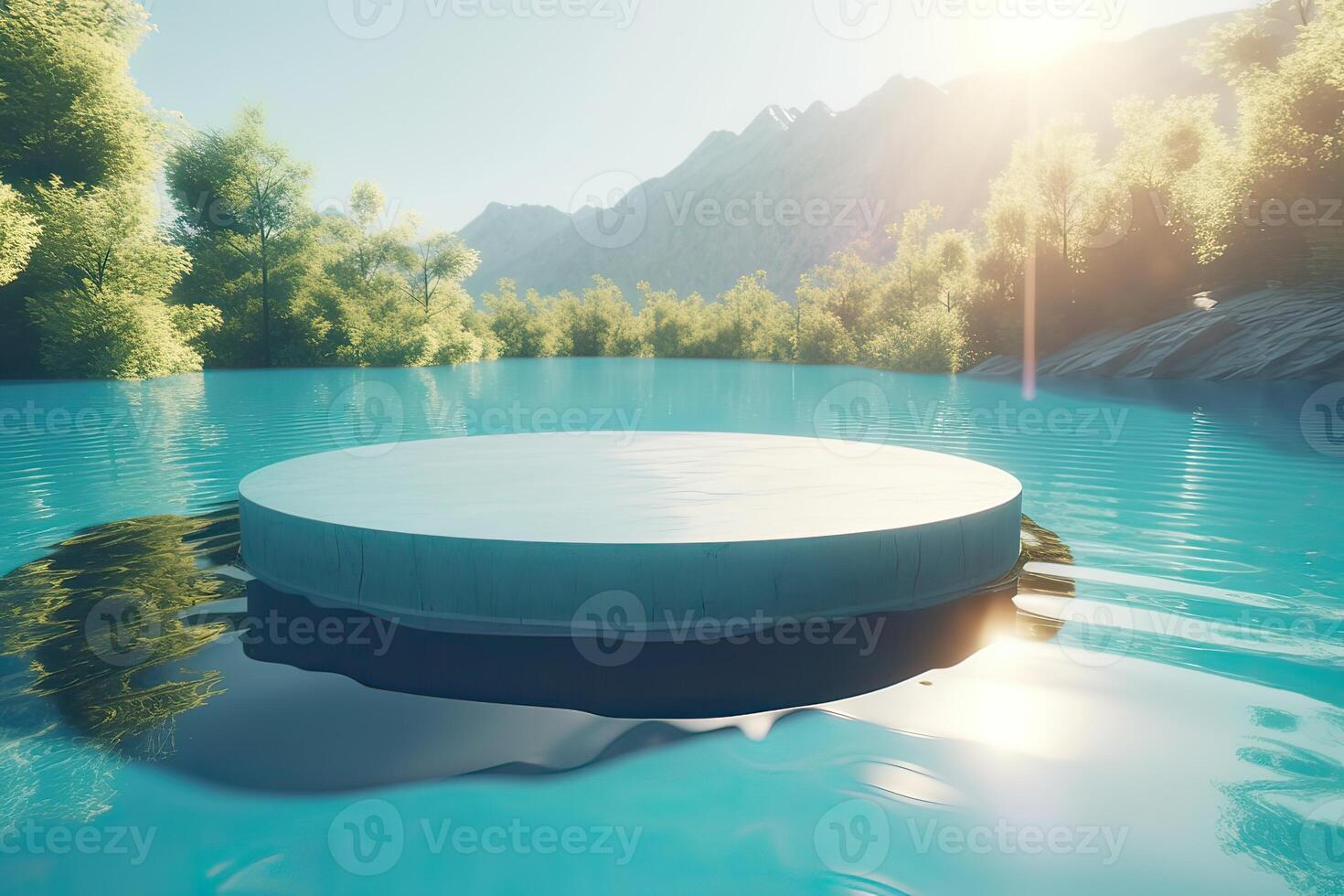 Abstract 3d scene with a cylinder podium backdrop in garden, mountain and water view. Abstract winter scene with a podium in lake view. minimal 3d landscape background. . photo