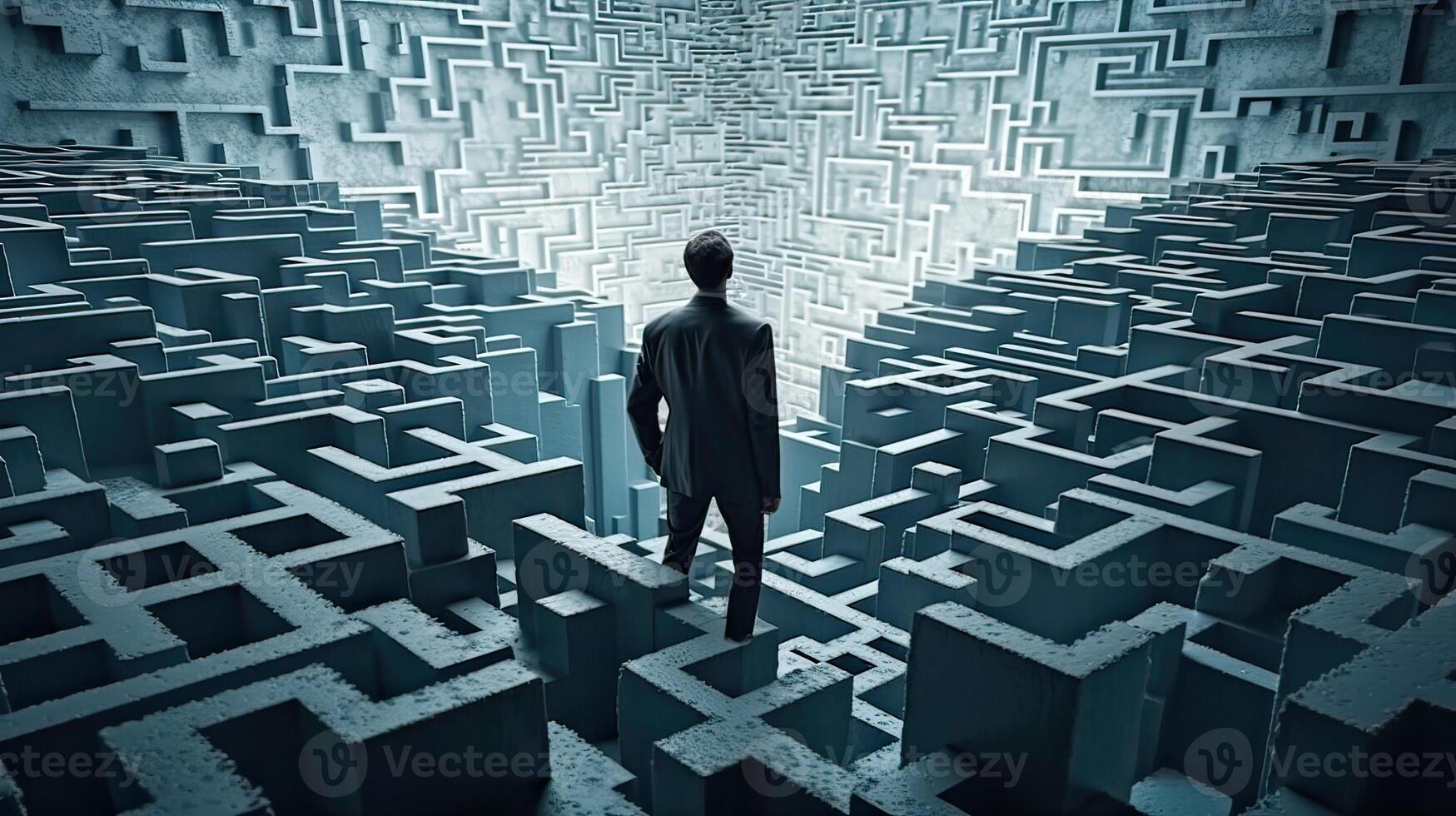 Rearview the businessman walking toward to concrete Maze. Businessman in front of a vast maze. Business and life concept. . photo