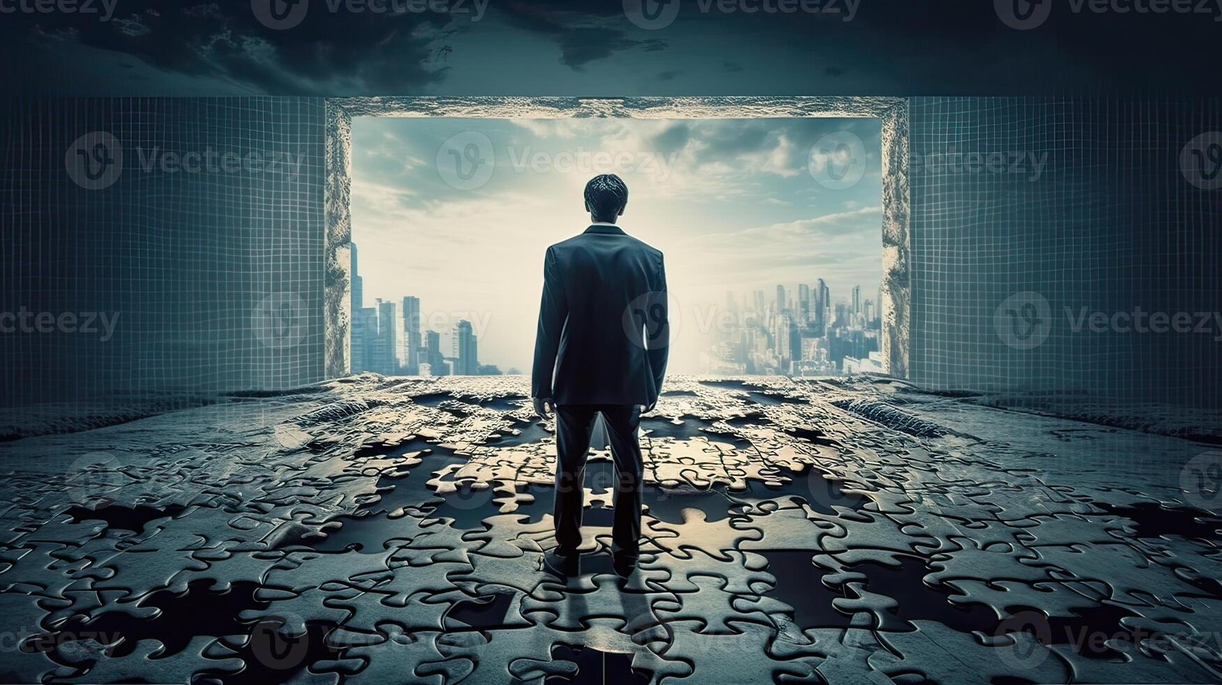 Rearview the businessman walking toward to concrete Maze. Businessman in front of a vast maze. Business and life concept. . photo