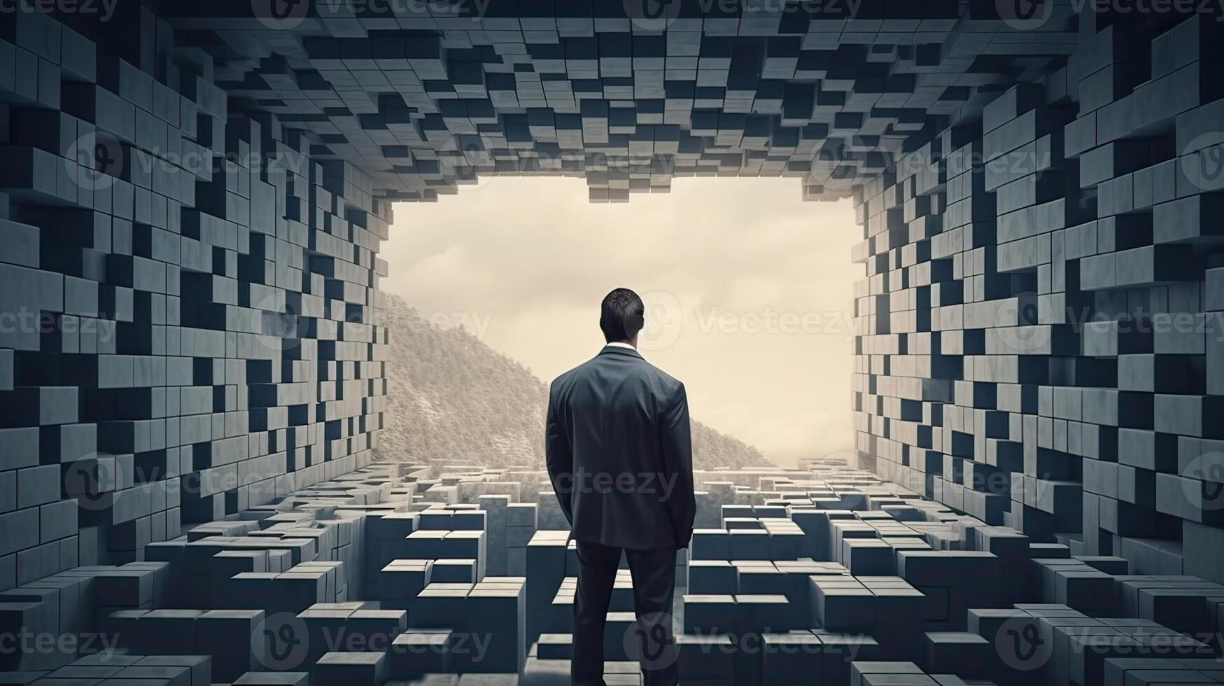 Rearview the businessman walking toward to concrete Maze. Businessman in front of a vast maze. Business and life concept. . photo