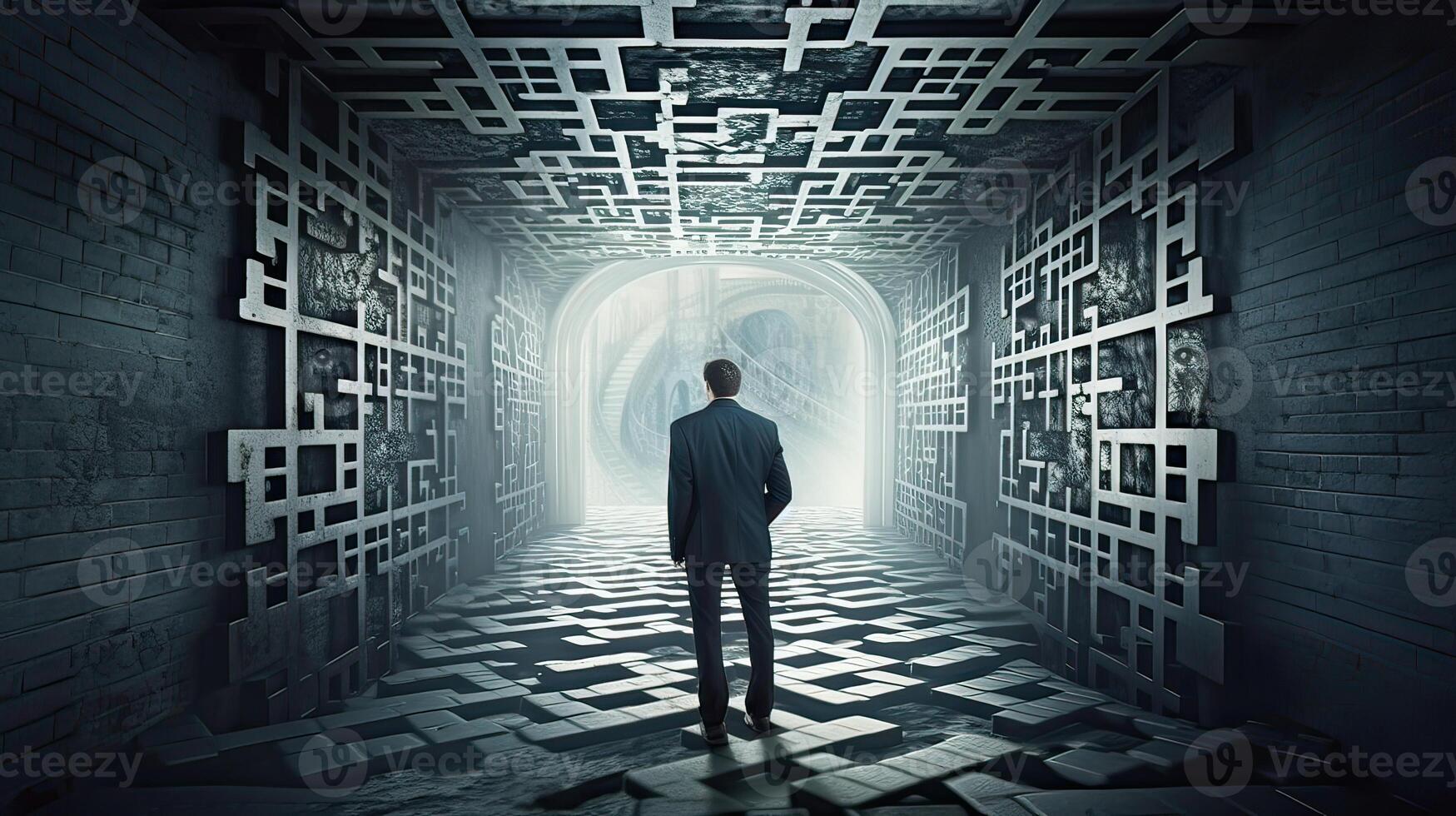 Rearview the businessman walking toward to concrete Maze. Businessman in front of a vast maze. Business and life concept. . photo