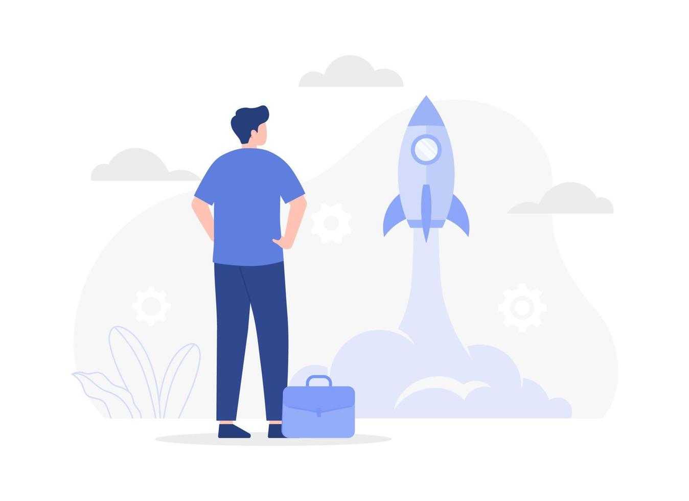 Started business, launch success rocket or entrepreneur, startup project. Modern flat illustration vector