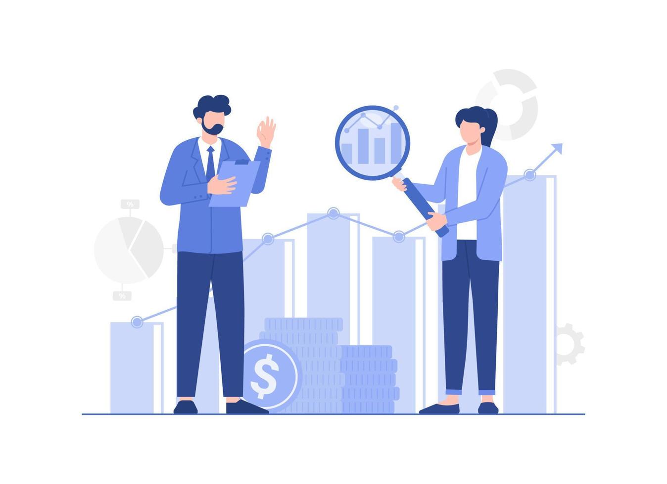 Financial analysis data report concept, infographic, statistics. Modern vector flat illustration