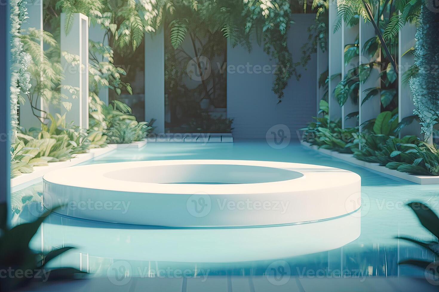 Abstract 3d scene with a cylinder podium backdrop in garden, mountain and water view. Abstract winter scene with a podium in lake view. minimal 3d landscape background. . photo