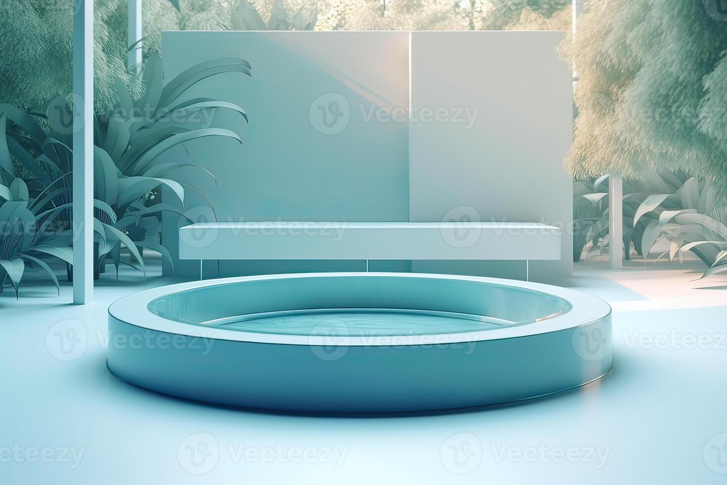 Abstract 3d scene with a cylinder podium backdrop in garden, mountain and water view. Abstract winter scene with a podium in lake view. minimal 3d landscape background. . photo