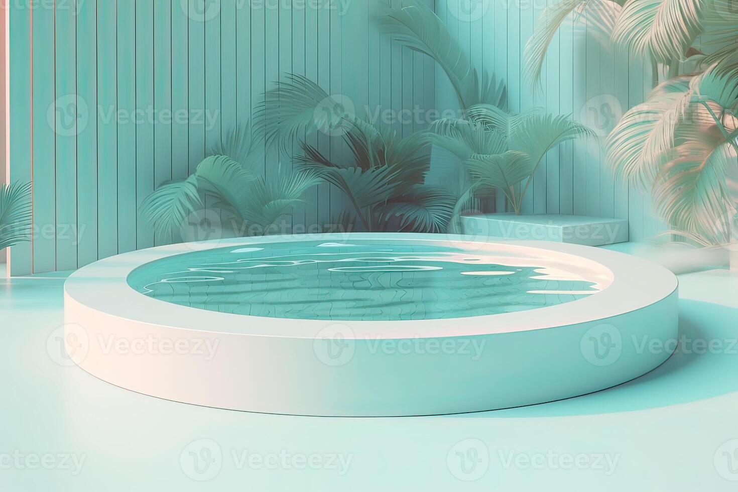 Abstract 3d scene with a cylinder podium backdrop in garden, mountain and water view. Abstract winter scene with a podium in lake view. minimal 3d landscape background. . photo