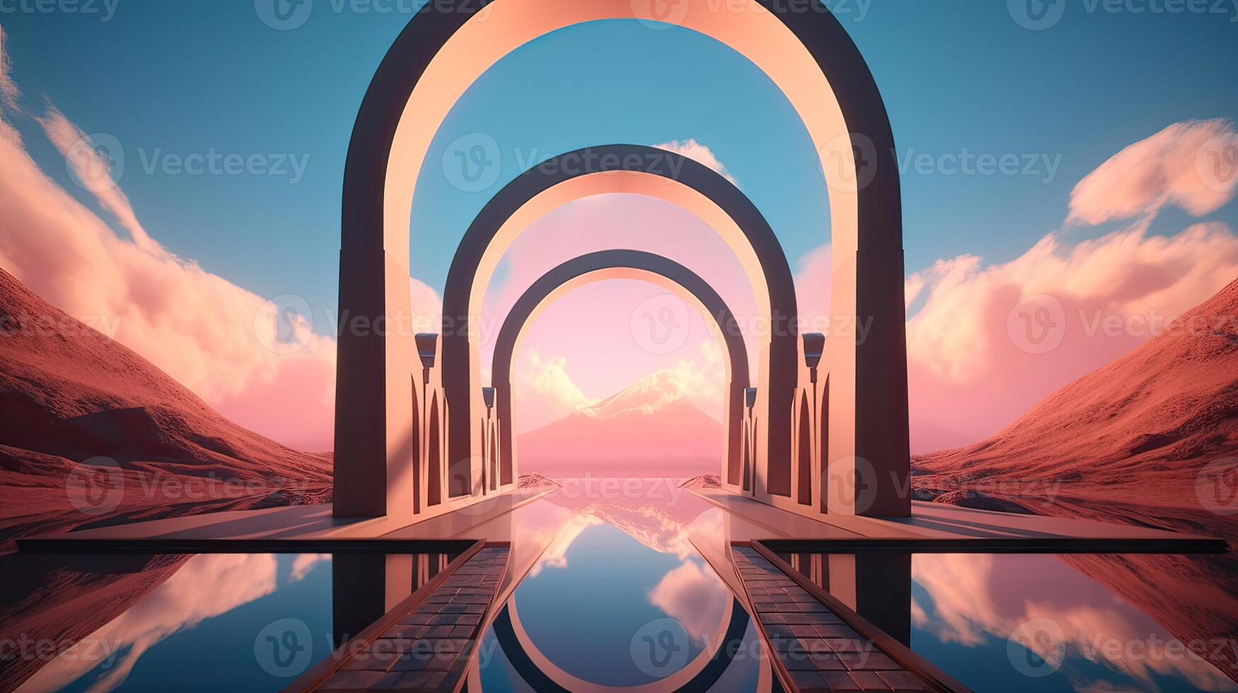 illustration of an Abstract summer landscape scene with geometric form. ocean beach view. 3d rendering. . photo