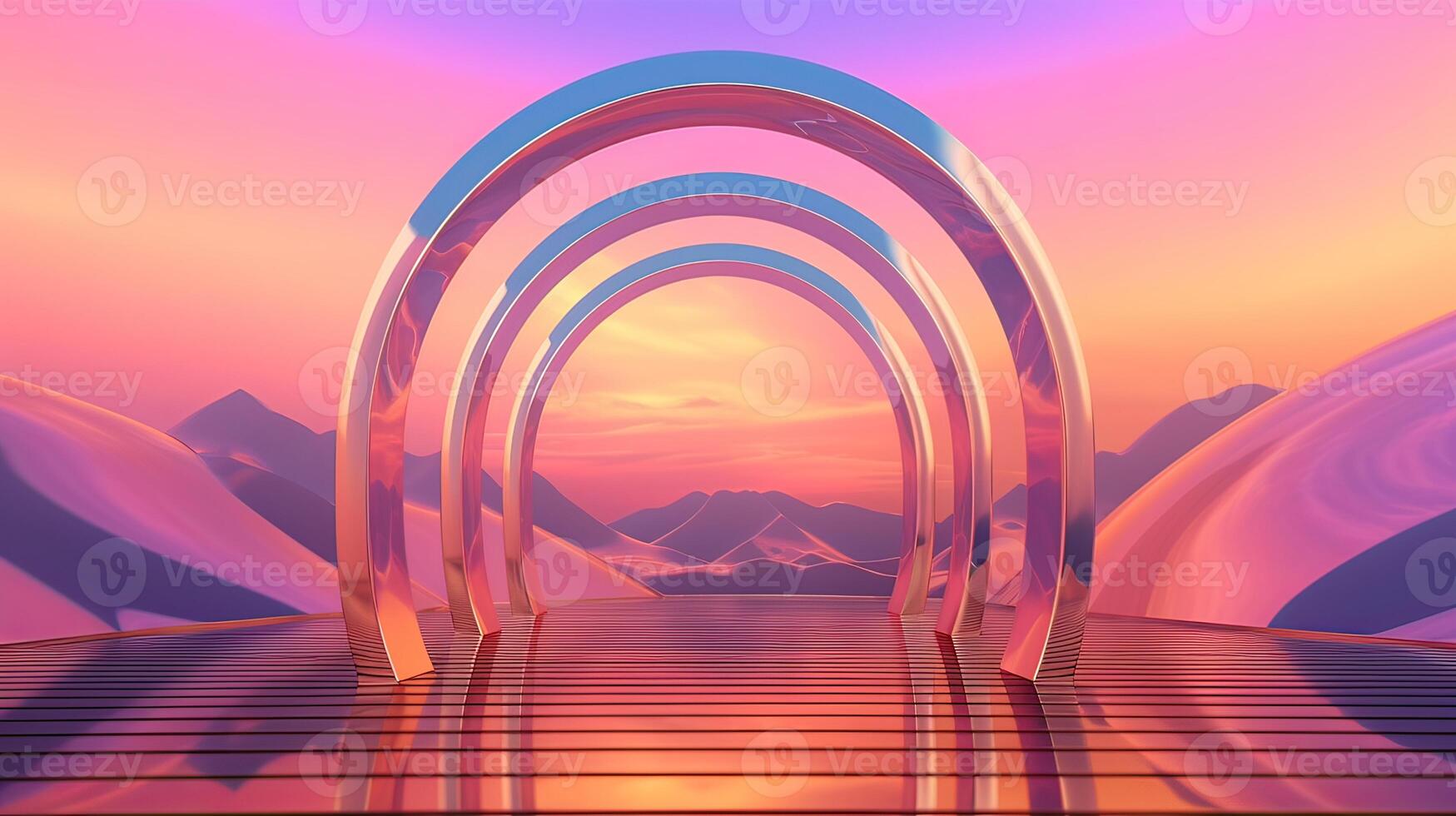 illustration of an Abstract summer landscape scene with geometric form. ocean beach view. 3d rendering. . photo
