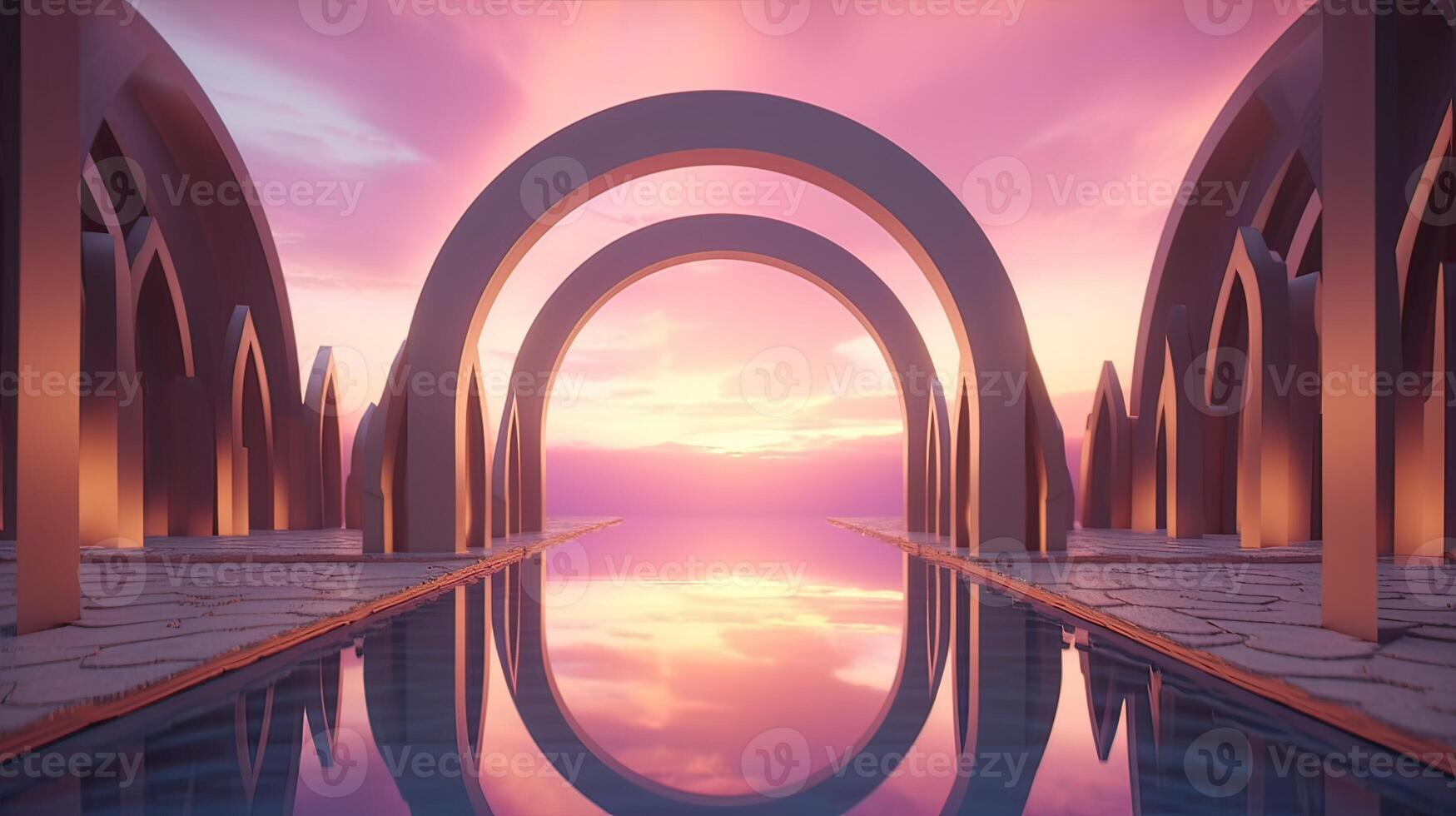 illustration of an Abstract summer landscape scene with geometric form. ocean beach view. 3d rendering. . photo