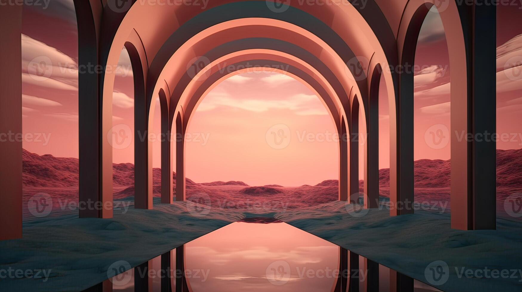 illustration of an Abstract summer landscape scene with geometric form. ocean beach view. 3d rendering. . photo