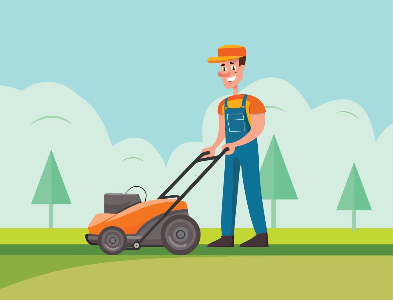 Man is using a lawn mower in the backyard flat vector