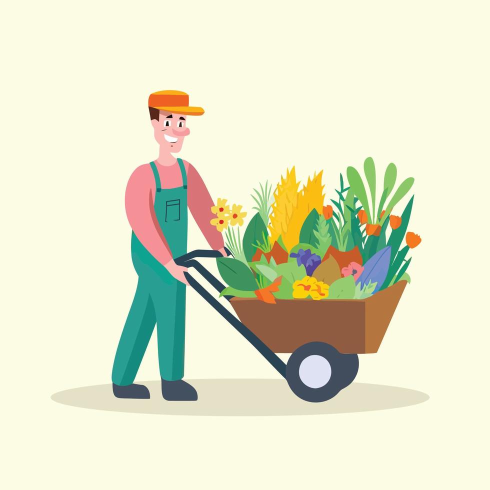 Man moving plants in wheelbarrow. Flat vector