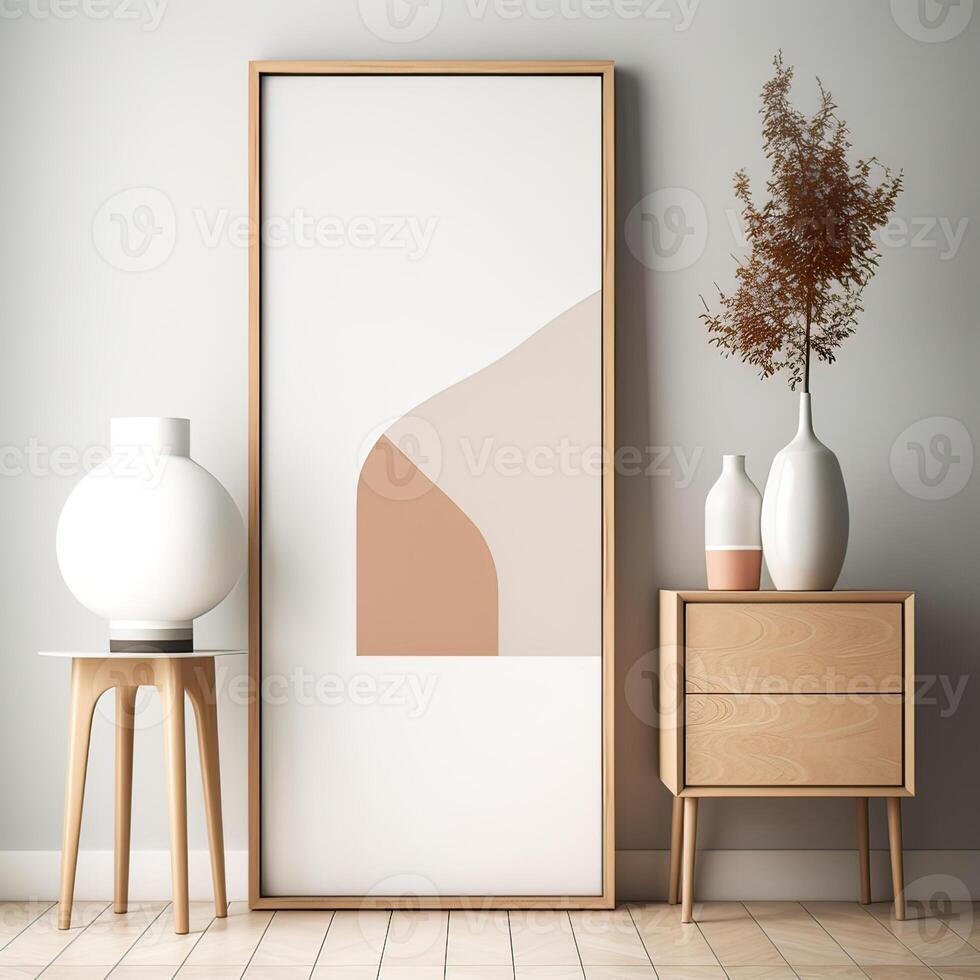 Mock up frame in home interior background, white room with natural wooden furniture, Scandi-Boho style. photo