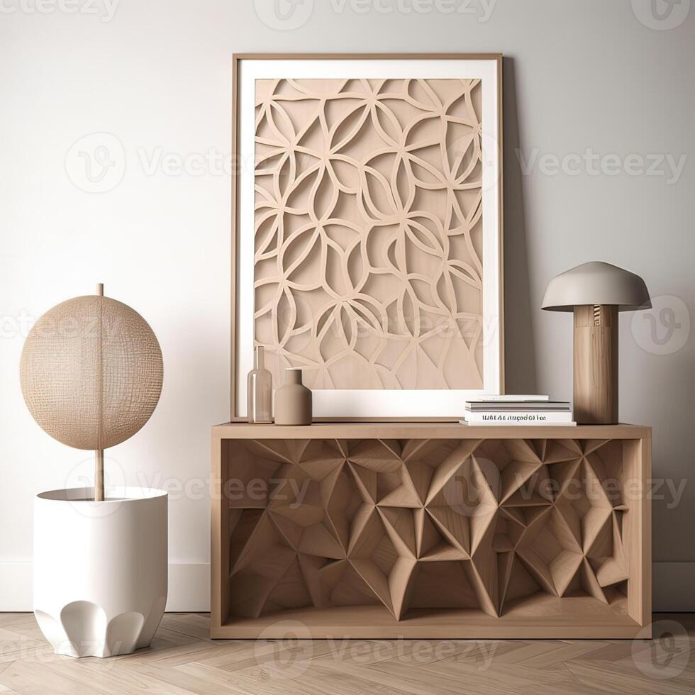 Mock up frame in home interior background, white room with natural wooden furniture, Scandi-Boho style. photo